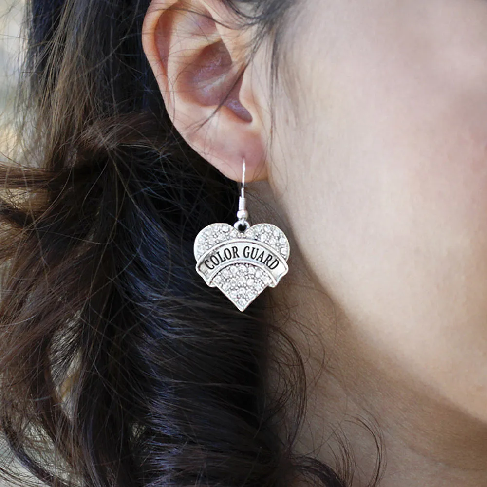 Silver Color Guard Pave Heart Charm Dangle Earrings