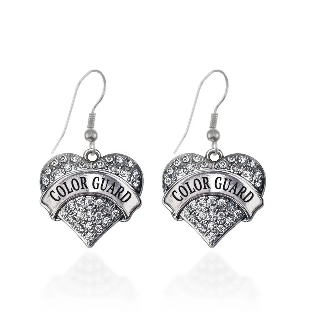 Silver Color Guard Pave Heart Charm Dangle Earrings