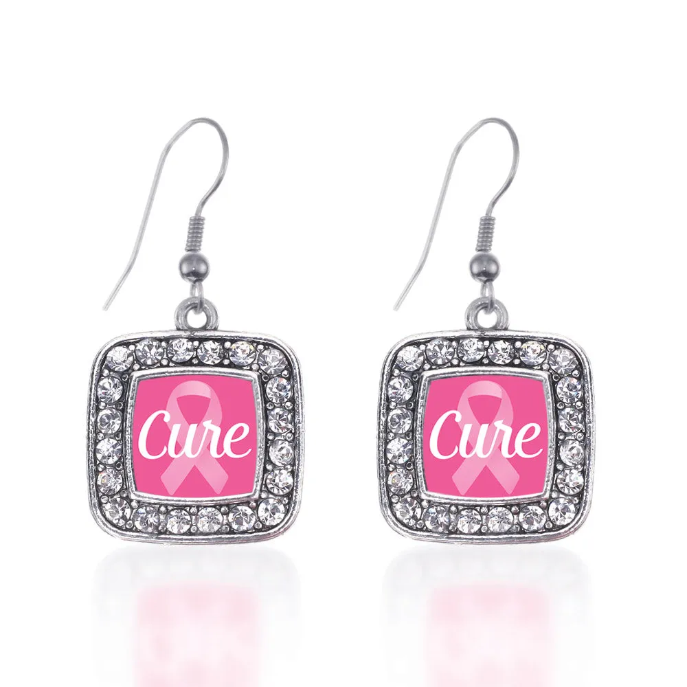 Silver Cure Breast Cancer Awareness Square Charm Dangle Earrings