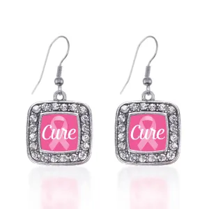 Silver Cure Breast Cancer Awareness Square Charm Dangle Earrings