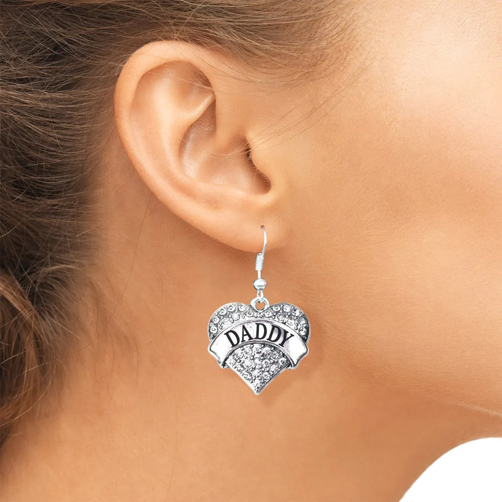 Silver Daddy Pave Heart Charm Dangle Earrings