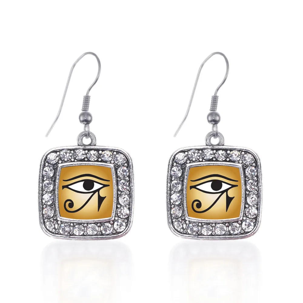 Silver Eye Of Ra Square Charm Dangle Earrings