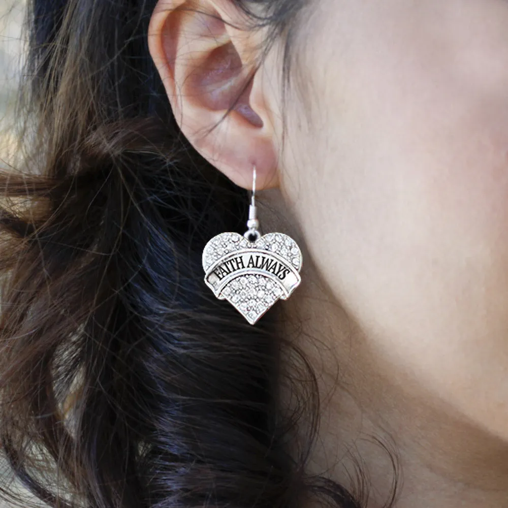 Silver Faith Always Pave Heart Charm Dangle Earrings