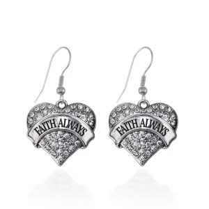 Silver Faith Always Pave Heart Charm Dangle Earrings