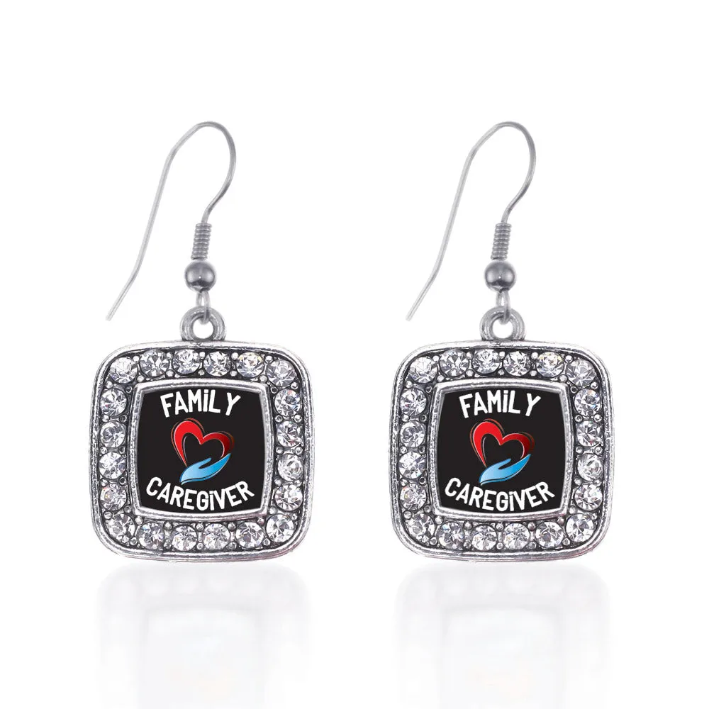 Silver Family Caregiver Square Charm Dangle Earrings