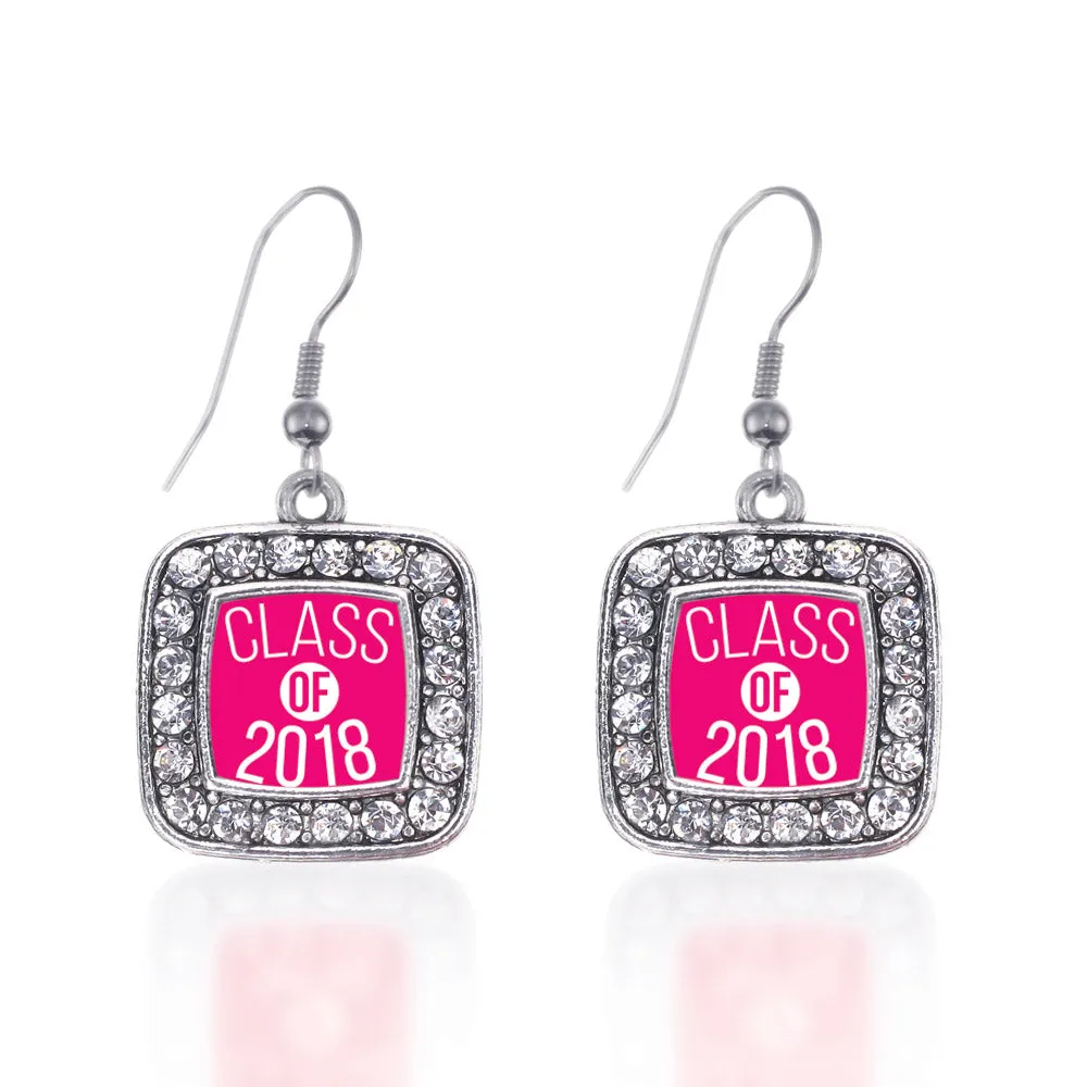 Silver Fuchsia Class of 2018 Square Charm Dangle Earrings