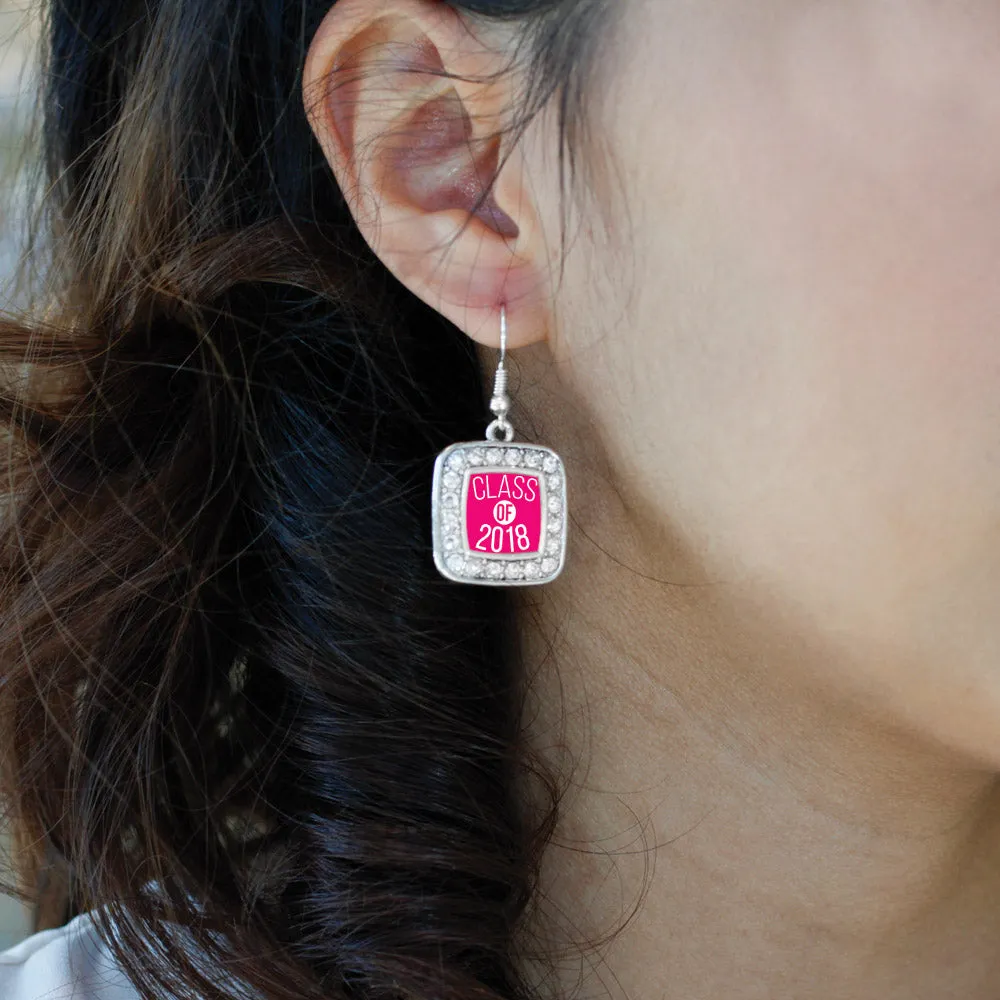 Silver Fuchsia Class of 2018 Square Charm Dangle Earrings