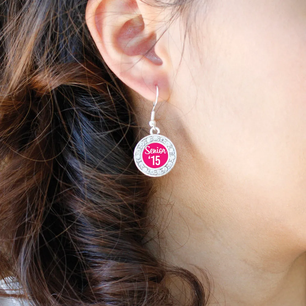 Silver Fuchsia Senior '15 Circle Charm Dangle Earrings