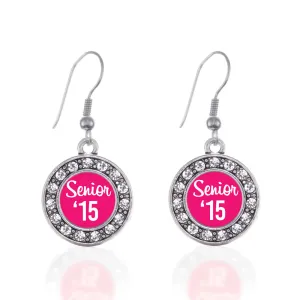 Silver Fuchsia Senior '15 Circle Charm Dangle Earrings