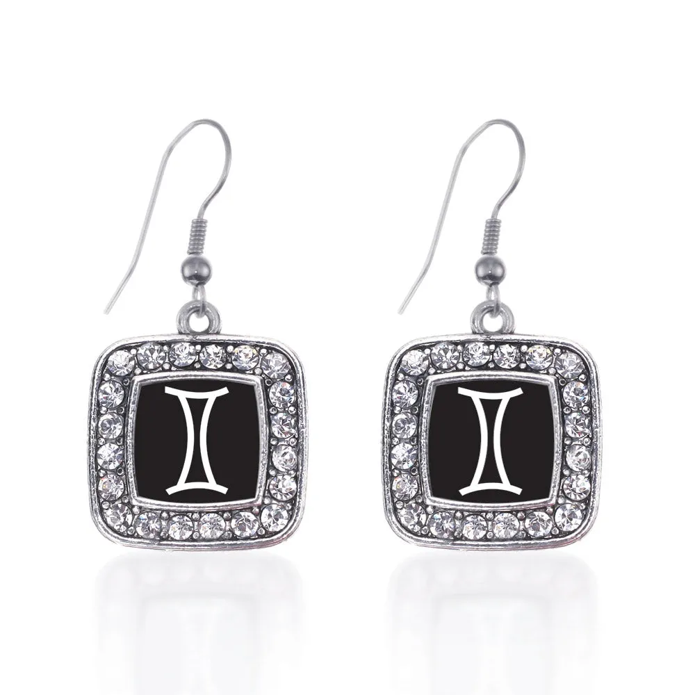 Silver Gemini Zodiac Square Charm Dangle Earrings