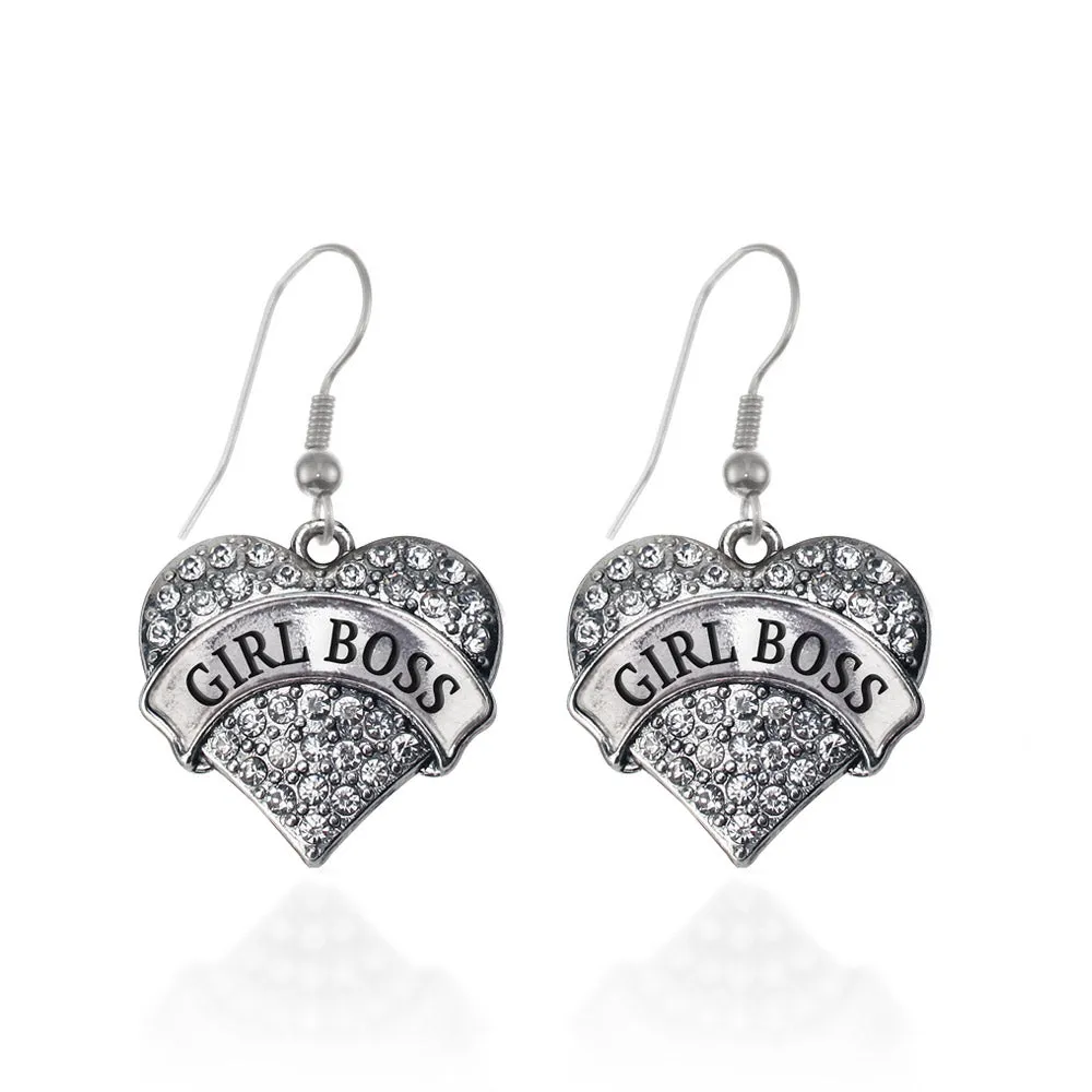 Silver Girl Boss Pave Heart Charm Dangle Earrings