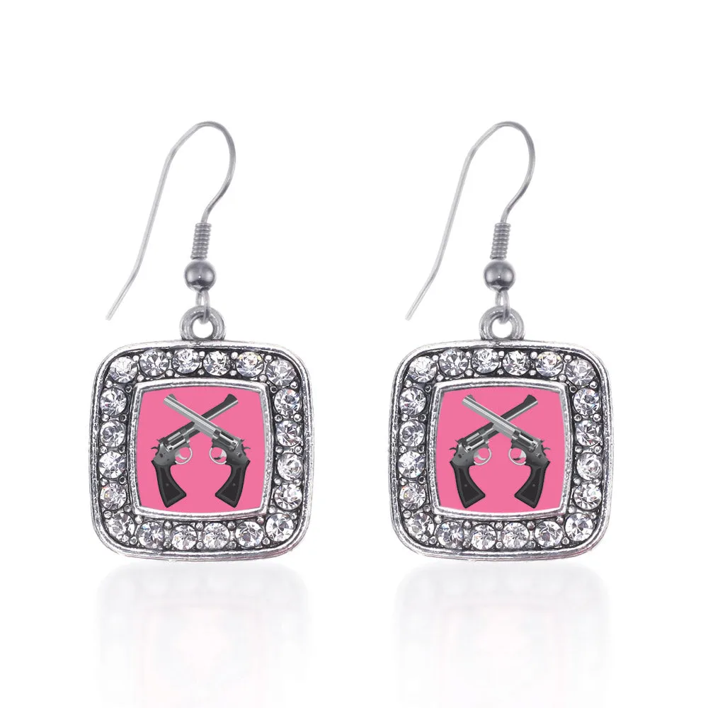 Silver Girls N' Guns Square Charm Dangle Earrings