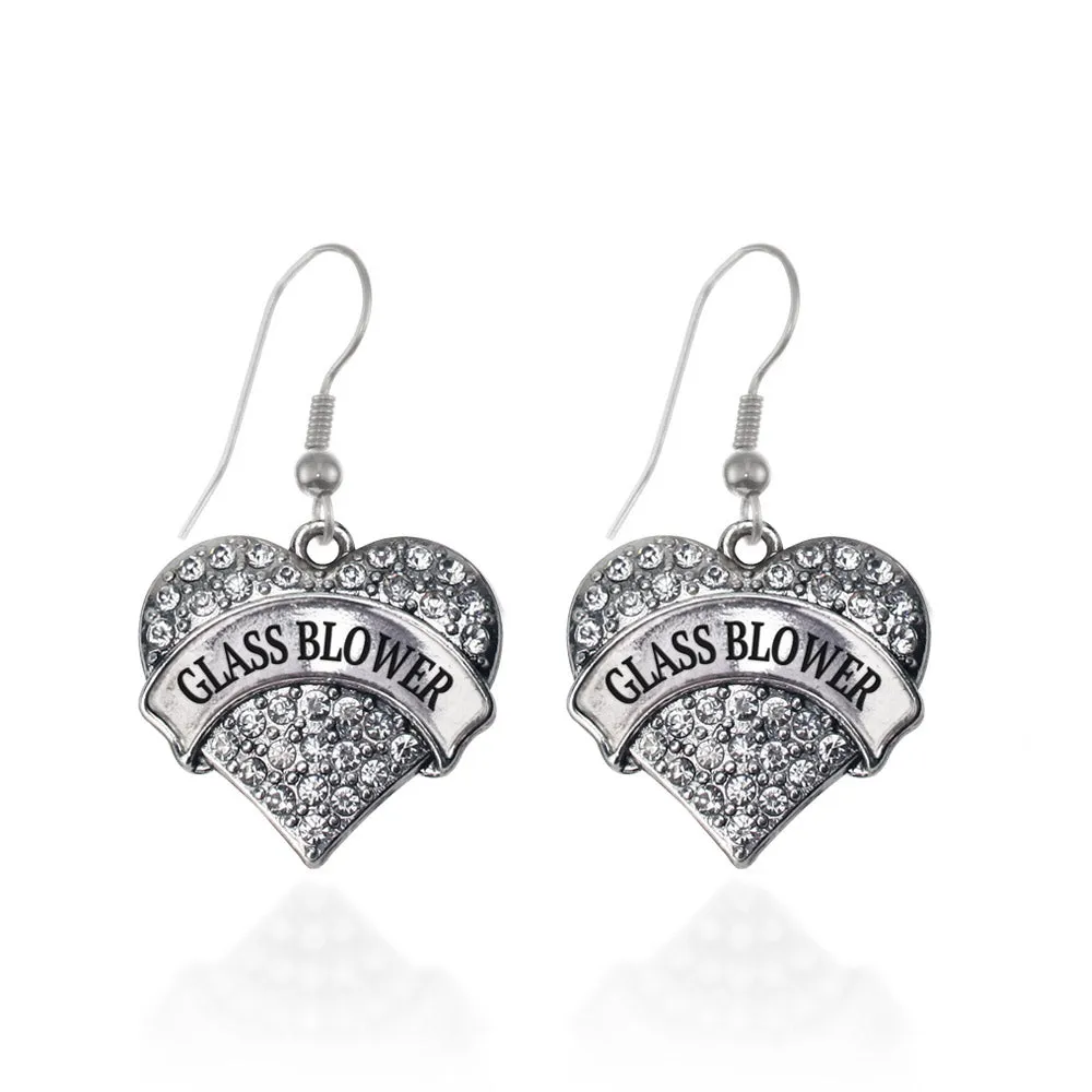 Silver Glass Blower Pave Heart Charm Dangle Earrings