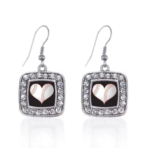 Silver Heart Of A Baseball Player Square Charm Dangle Earrings