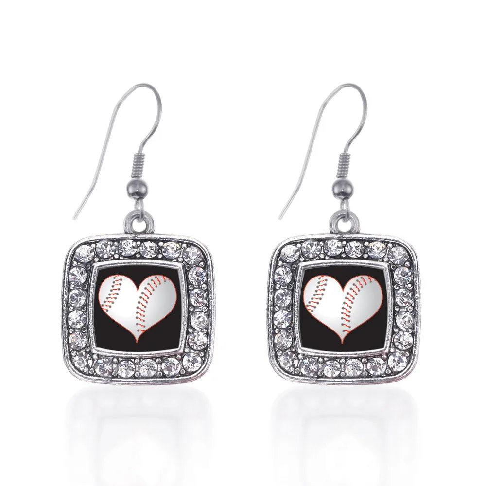 Silver Heart Of A Baseball Player Square Charm Dangle Earrings