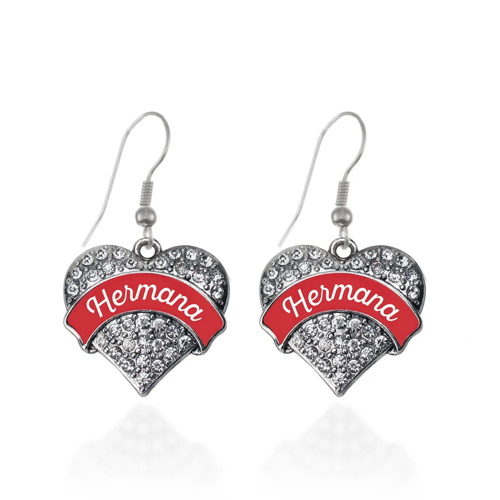 Silver Hermana - Red Pave Heart Charm Dangle Earrings