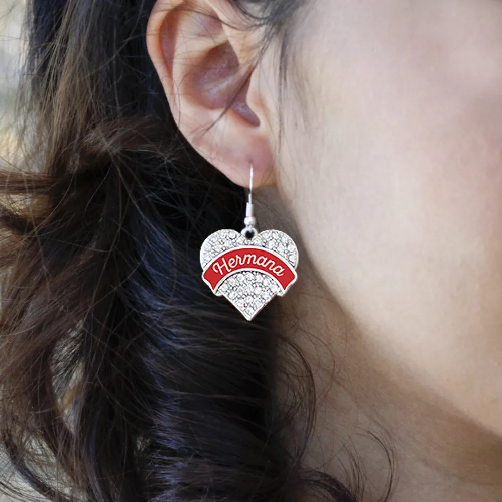 Silver Hermana - Red Pave Heart Charm Dangle Earrings