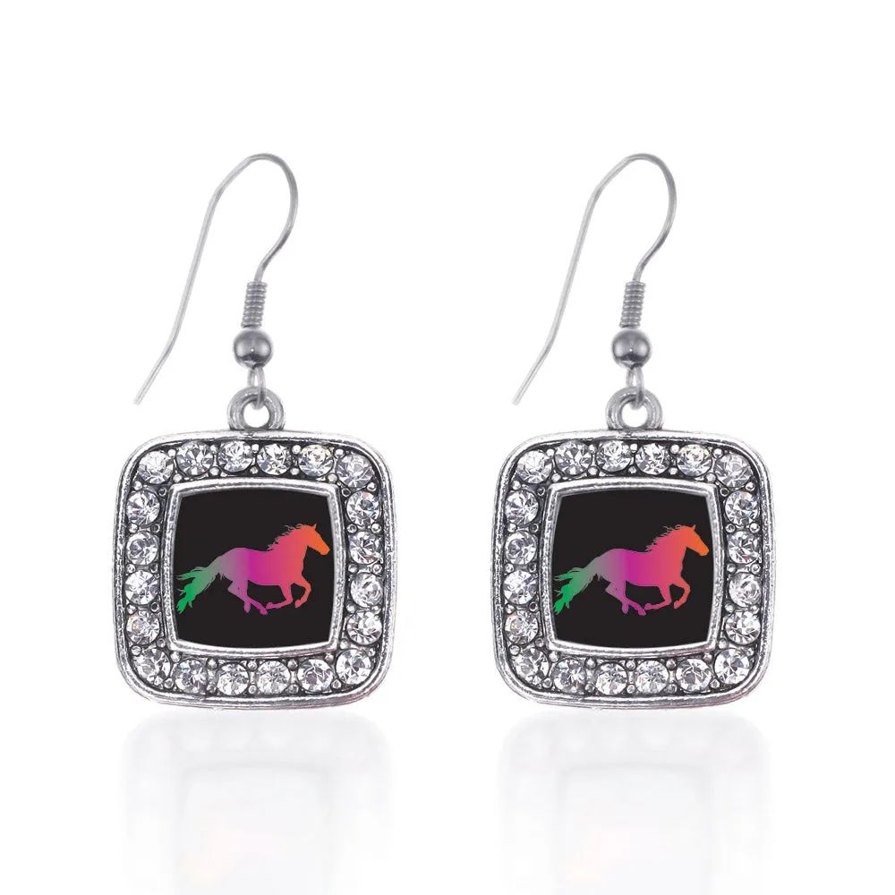 Silver Horse Lovers Square Charm Dangle Earrings