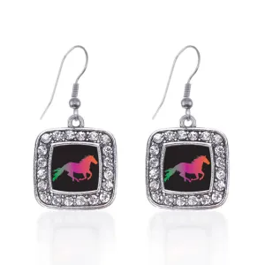 Silver Horse Lovers Square Charm Dangle Earrings