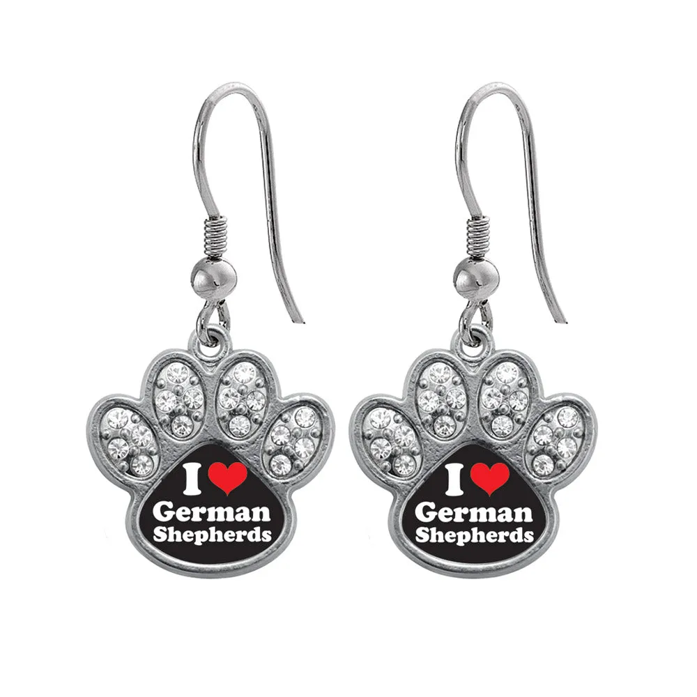 Silver I Love German Shephers Pave Paw Charm Dangle Earrings