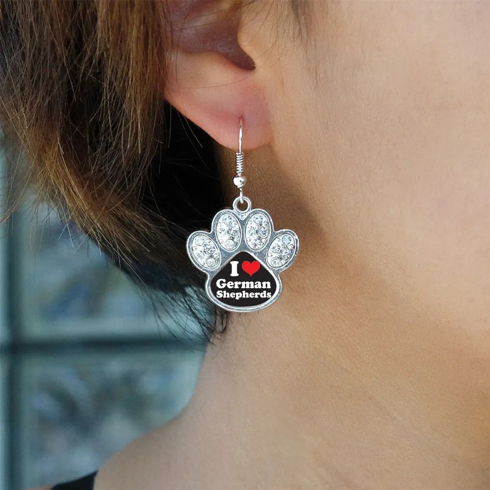 Silver I Love German Shephers Pave Paw Charm Dangle Earrings