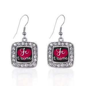 Silver Je T'aime Square Charm Dangle Earrings