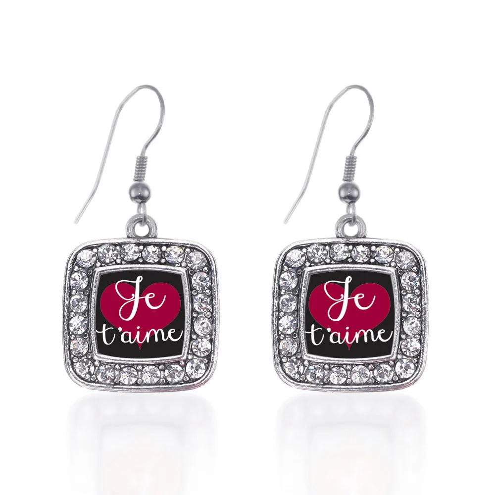 Silver Je T'aime Square Charm Dangle Earrings