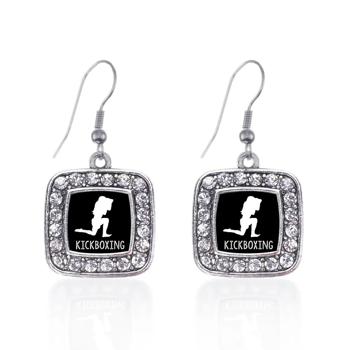 Silver Kickboxing Square Charm Dangle Earrings