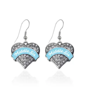 Silver Light Blue Middle Sister Pave Heart Charm Dangle Earrings