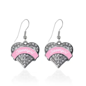 Silver Light Pink Flower Girl Pave Heart Charm Dangle Earrings