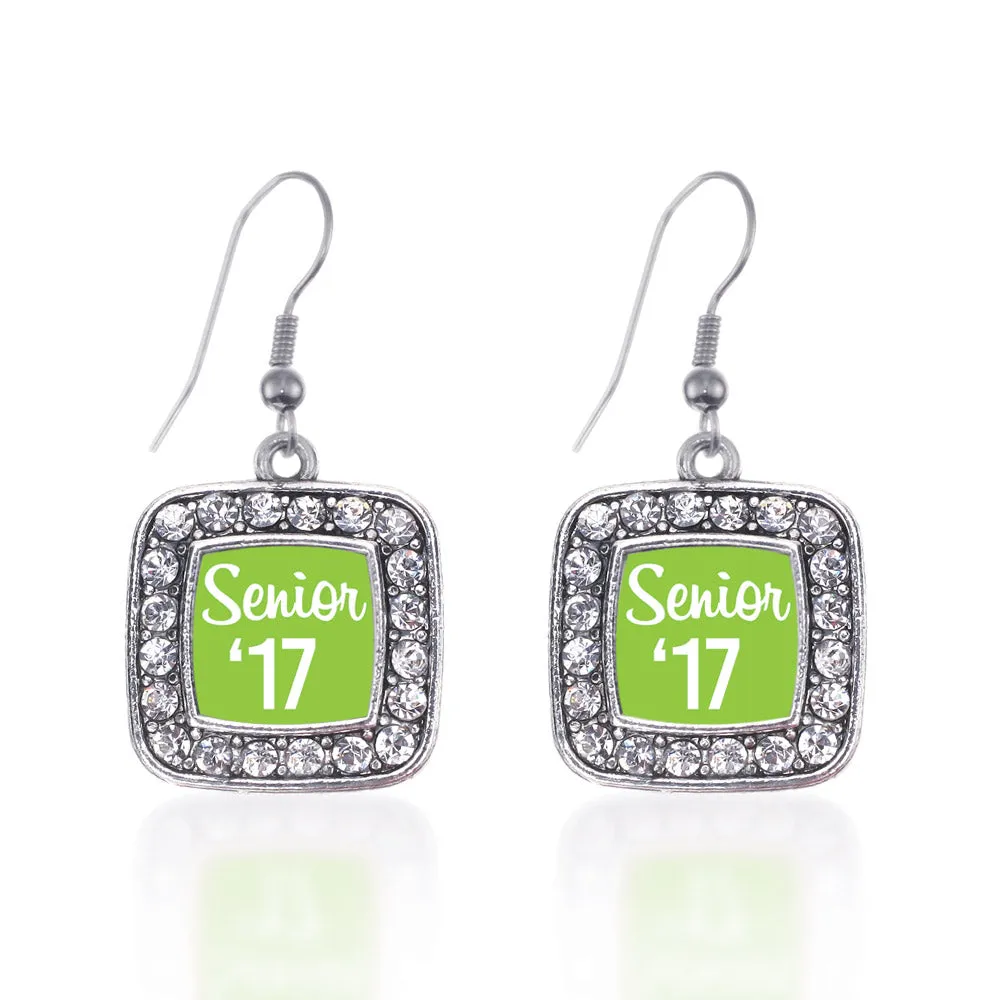 Silver Lime Green Senior '17 Square Charm Dangle Earrings