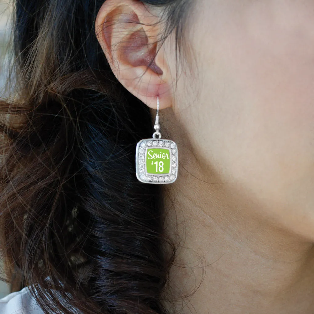 Silver Lime Green Senior '18 Square Charm Dangle Earrings