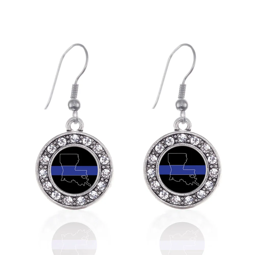 Silver Louisiana Thin Blue Line Circle Charm Dangle Earrings