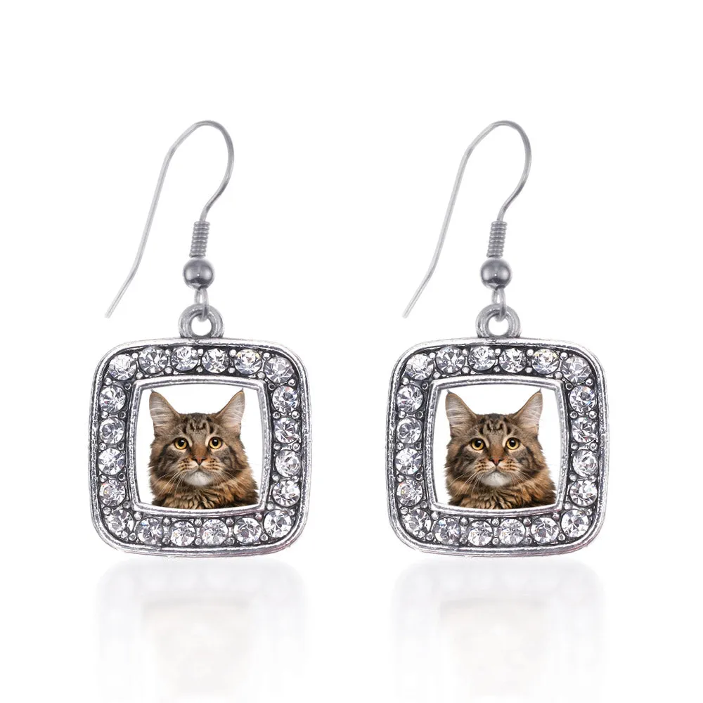 Silver Maine Coon Cat Square Charm Dangle Earrings