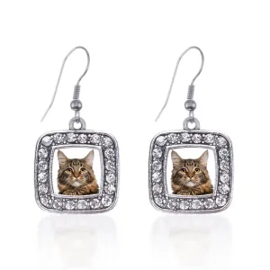 Silver Maine Coon Cat Square Charm Dangle Earrings