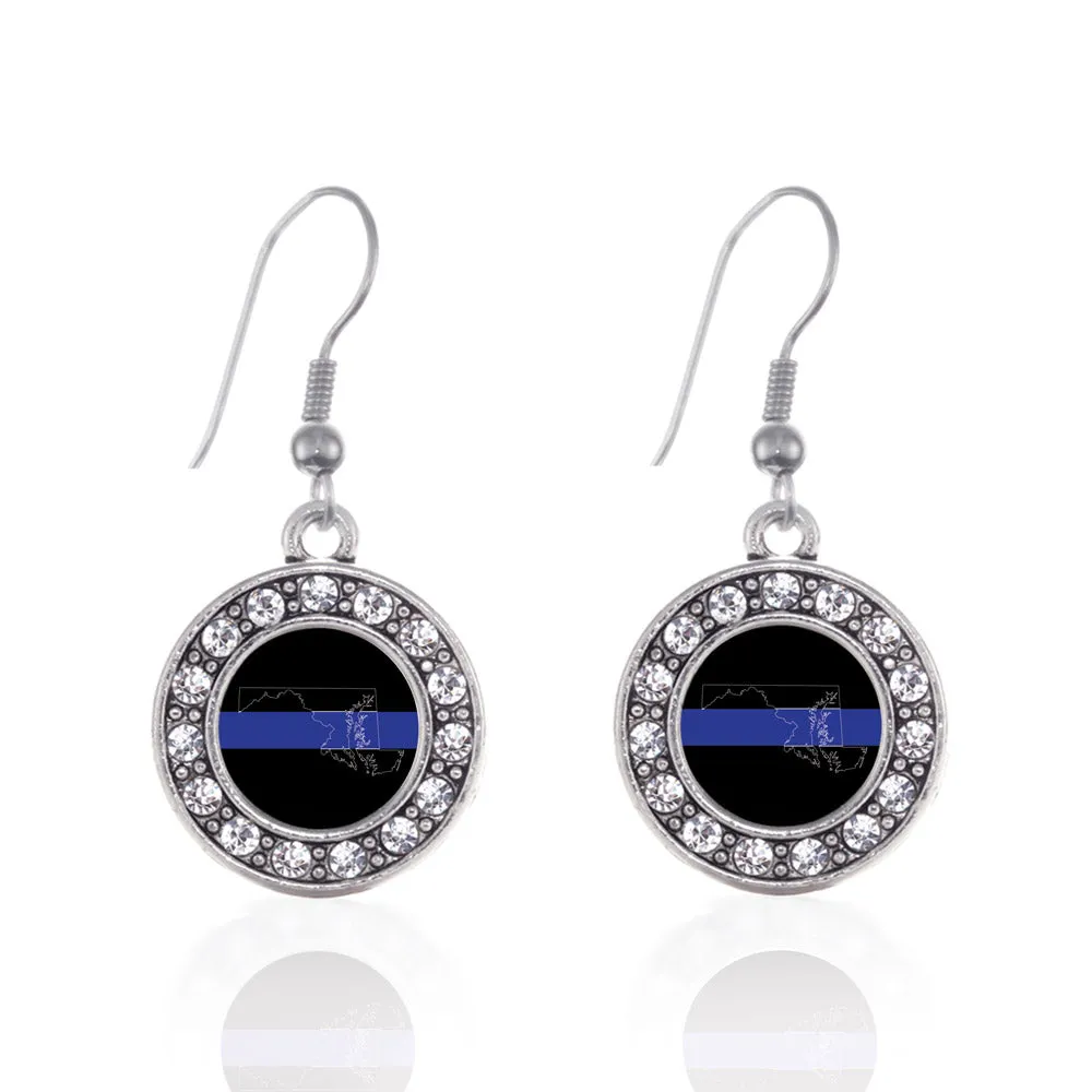 Silver Maryland Thin Blue Line Circle Charm Dangle Earrings