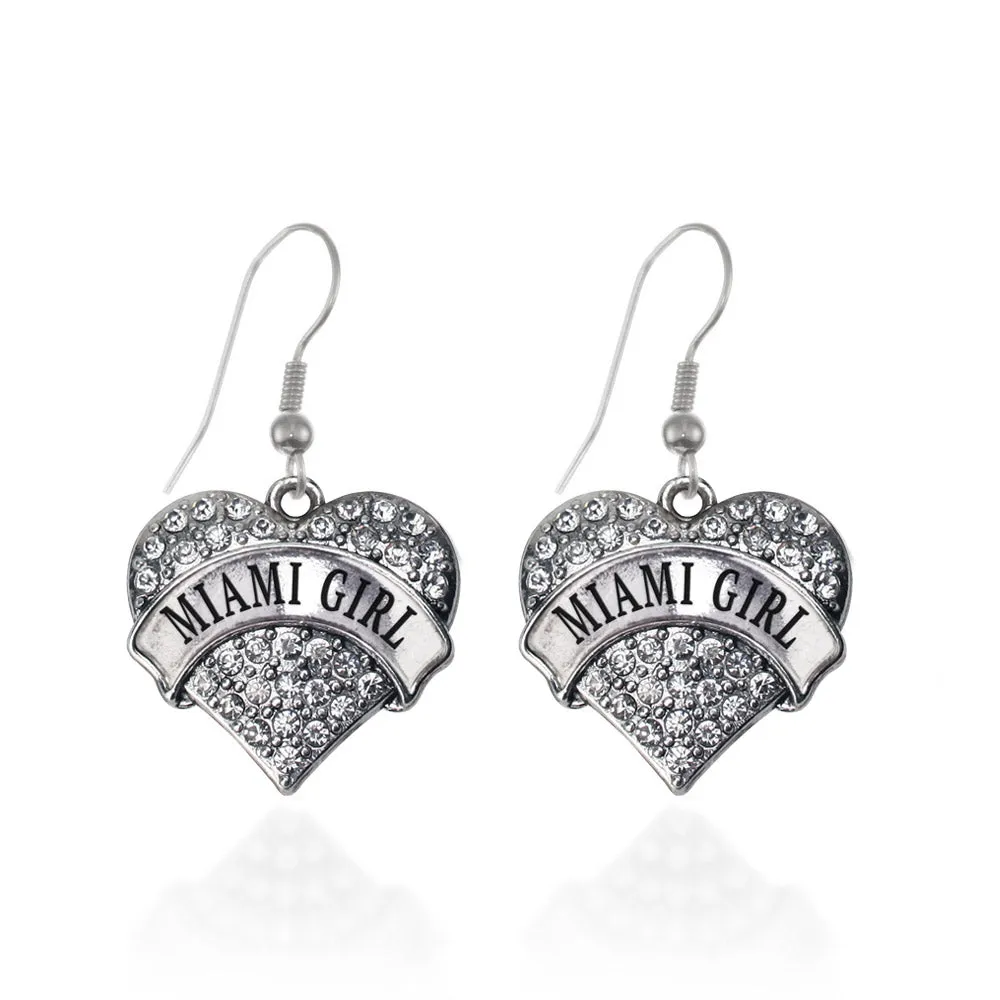 Silver Miami Girl Pave Heart Charm Dangle Earrings