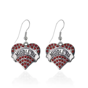 Silver Middle Sis Red Red Pave Heart Charm Dangle Earrings