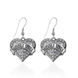 Silver Middle Sista Pave Heart Charm Dangle Earrings