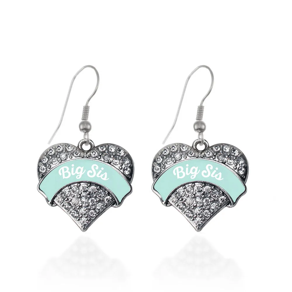 Silver Mint Big Sister Pave Heart Charm Dangle Earrings