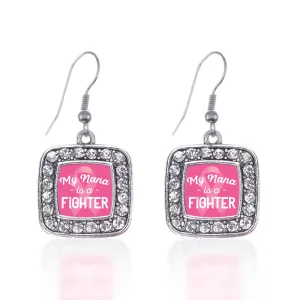 Silver My Nana is a Fighter Breast Cancer Awareness Square Charm Dangle Earrings