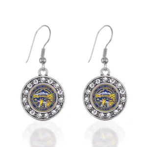 Silver Nebraska Flag Circle Charm Dangle Earrings