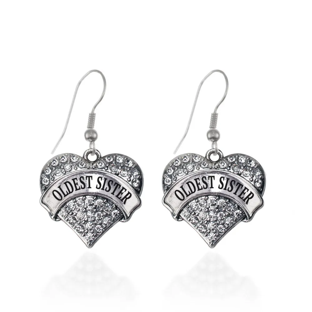 Silver Oldest Sister Pave Heart Charm Dangle Earrings