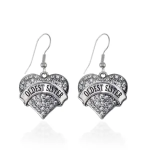 Silver Oldest Sister Pave Heart Charm Dangle Earrings