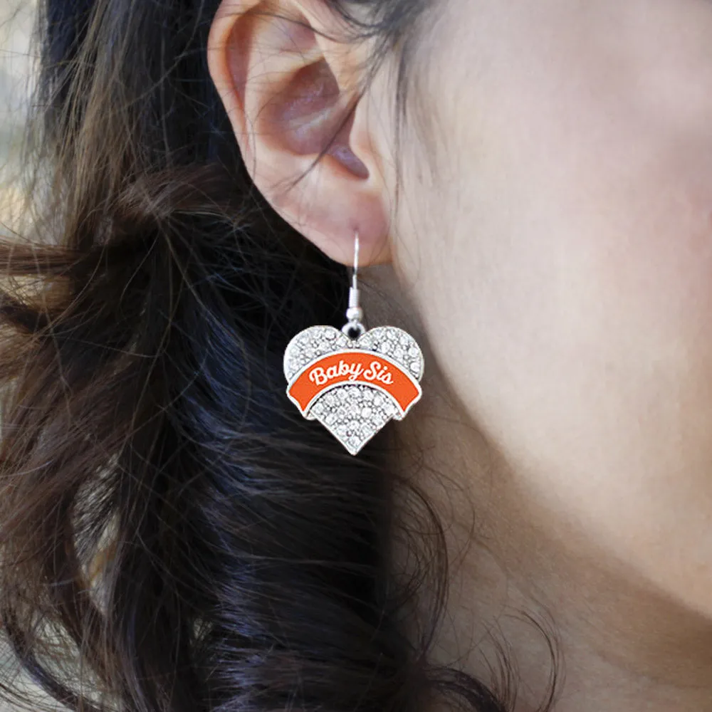 Silver Orange Baby Sister Pave Heart Charm Dangle Earrings