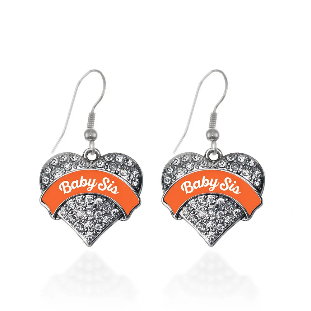 Silver Orange Baby Sister Pave Heart Charm Dangle Earrings