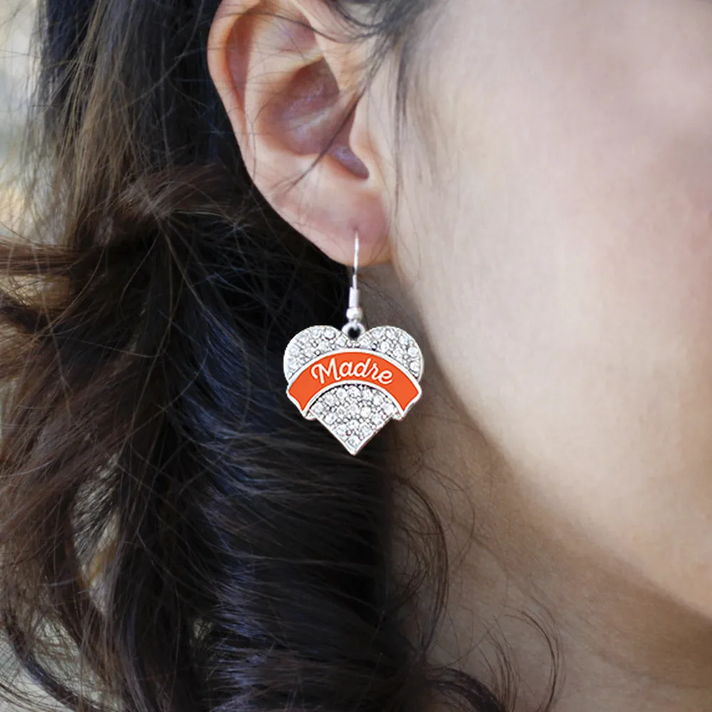 Silver Orange Madre Pave Heart Charm Dangle Earrings