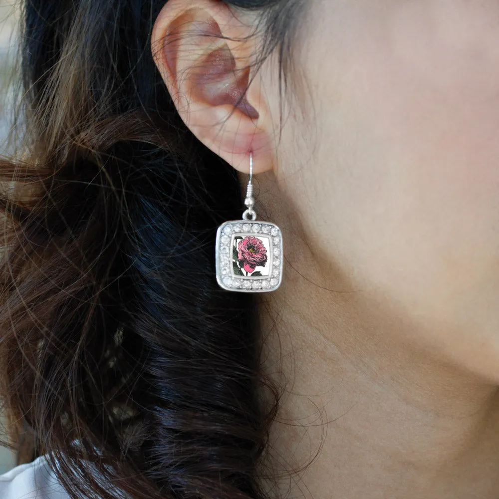 Silver Peony Flower Square Charm Dangle Earrings