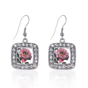 Silver Peony Flower Square Charm Dangle Earrings