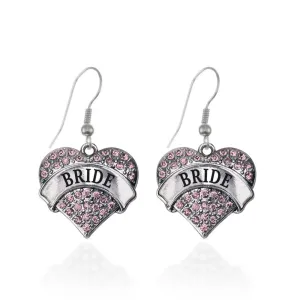 Silver Pink Bride Pink Pave Heart Charm Dangle Earrings